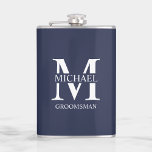 Classic Personalised Groomsman Name Hip Flask<br><div class="desc">Classic Personalised Groomsman Gifts
featuring personalised groomsman's monogram and name,  with title in white classic serif font style on navy blue background.

Also perfect for Best Man,  Father of the Bride and more.</div>