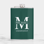 Classic Personalised Groomsman Name Hip Flask<br><div class="desc">Classic Personalised Groomsman Gifts
featuring personalised groomsman's monogram and name,  with title in white classic serif font style on emerald green background.

Also perfect for Best Man,  Father of the Bride and more.</div>