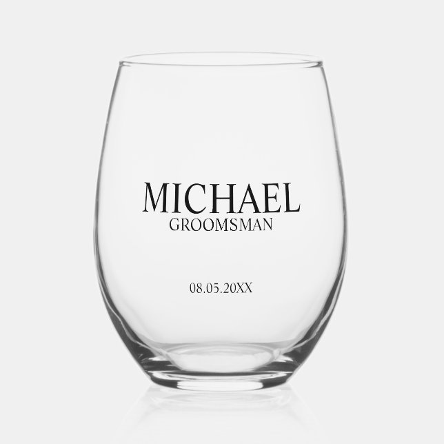 Classic Personalised Groomsman Name Stemless Wine Glass (Front)