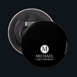 Classic Personalised Groomsmen Monogram and Name Bottle Opener<br><div class="desc">Add a personal touch to your wedding with a customised groomsmen gift! This stylish gift features a black background with an initial inside a white circle. The name and title are written in a classic white serif font. A meaningful keepsake, this thoughtful gift is also perfect for your best man,...</div>