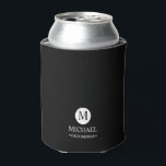 Classic Personalised Groomsmen Monogram and Name Can Cooler<br><div class="desc">Add a personal touch to your wedding with personalised groomsmen gift
This gift features monogram in white circle element with name and title in white classic serif font style on black background.

Also perfect for best man,  father of the bride and more.</div>