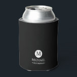 Classic Personalised Groomsmen Monogram and Name Can Cooler<br><div class="desc">Add a personal touch to your wedding with personalised groomsmen gift
This gift features monogram in white circle element with name and title in white classic serif font style on black background.

Also perfect for best man,  father of the bride and more.</div>
