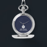 Classic Personalised Groomsmen Monogram and Name Watch<br><div class="desc">Add a personal touch to your wedding with a customised groomsmen gift! This stylish gift features a navy blue background with an initial inside a white circle. The name and title are written in a classic white serif font. A meaningful keepsake, this thoughtful gift is also perfect for your best...</div>