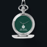 Classic Personalised Groomsmen Monogram and Name Watch<br><div class="desc">Add a personal touch to your wedding with a customised groomsmen gift! This stylish gift features an emerald green background with an initial inside a white circle. The name and title are written in a classic white serif font. A meaningful keepsake, this thoughtful gift is also perfect for your best...</div>