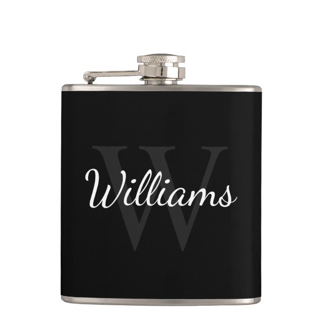 Classic Personalised Monogram and Name Black Hip Flask (Front)