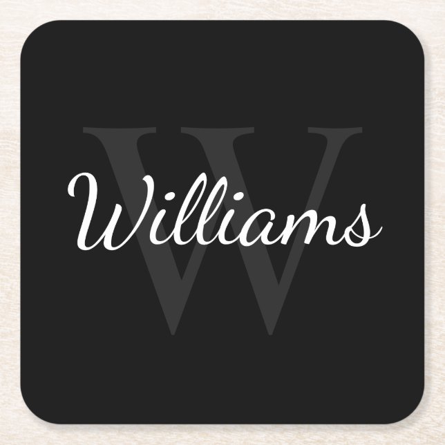 Classic Personalised Monogram and Name Black Square Paper Coaster (Front)
