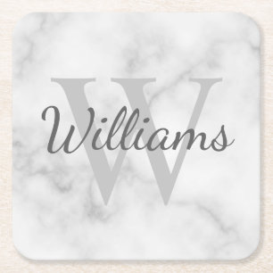 Classic Personalised Monogram and Name Marble Look Square Paper Coaster