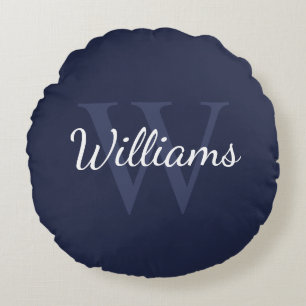 Classic Personalised Monogram and Name Navy Blue Round Cushion
