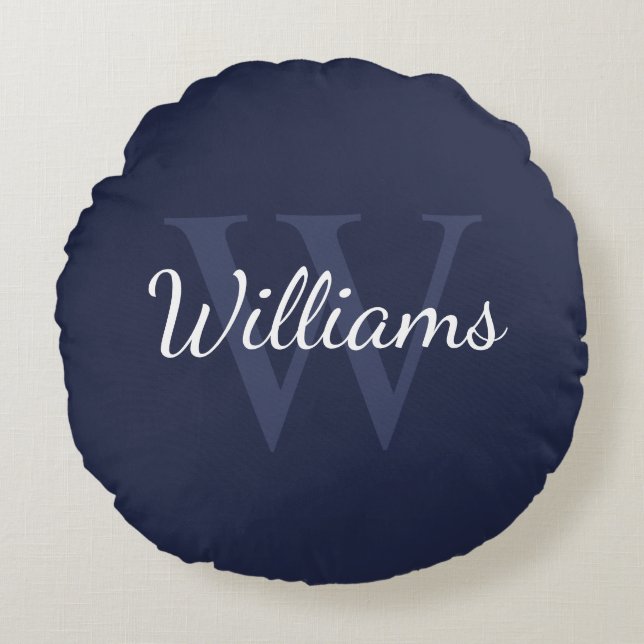 Classic Personalised Monogram and Name Navy Blue Round Cushion (Front)