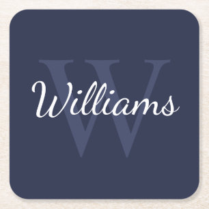 Classic Personalised Monogram and Name Navy Blue Square Paper Coaster