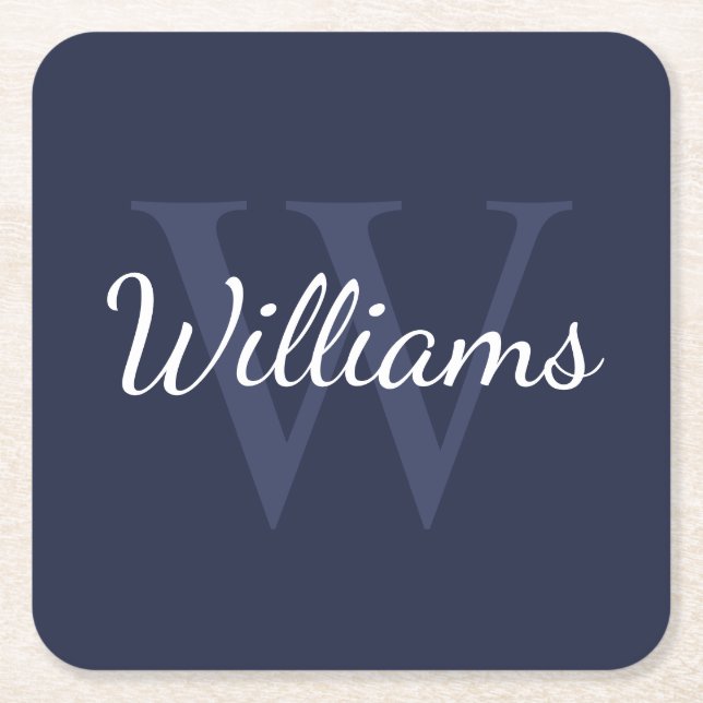 Classic Personalised Monogram and Name Navy Blue Square Paper Coaster (Front)