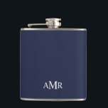 Classic Personalised Monogram Hip Flask<br><div class="desc">Classic design features personalised 3 letter initial monogram in white classic serif font style on navy blue background.

Perfect as holiday gift,  father's day gift for dad and gift for any special occasions.</div>
