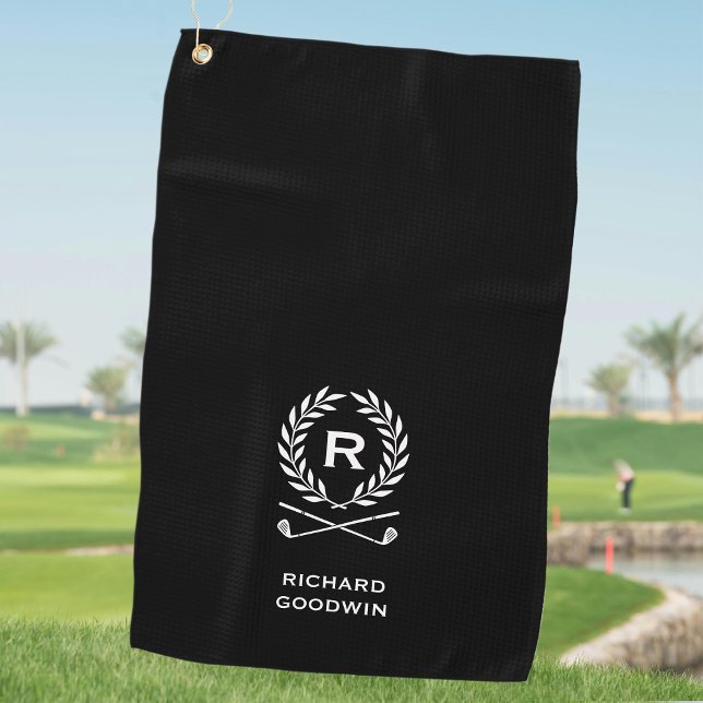 Classic Personalised Monogram Wreath Black Golf Towel (Creator Uploaded)