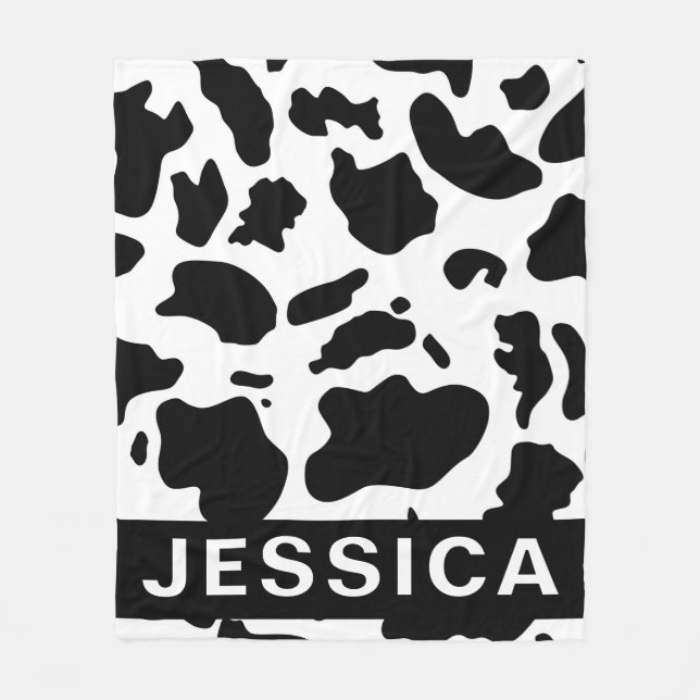 Classic Personalized Black White Cow Print Fleece Blanket (Front)