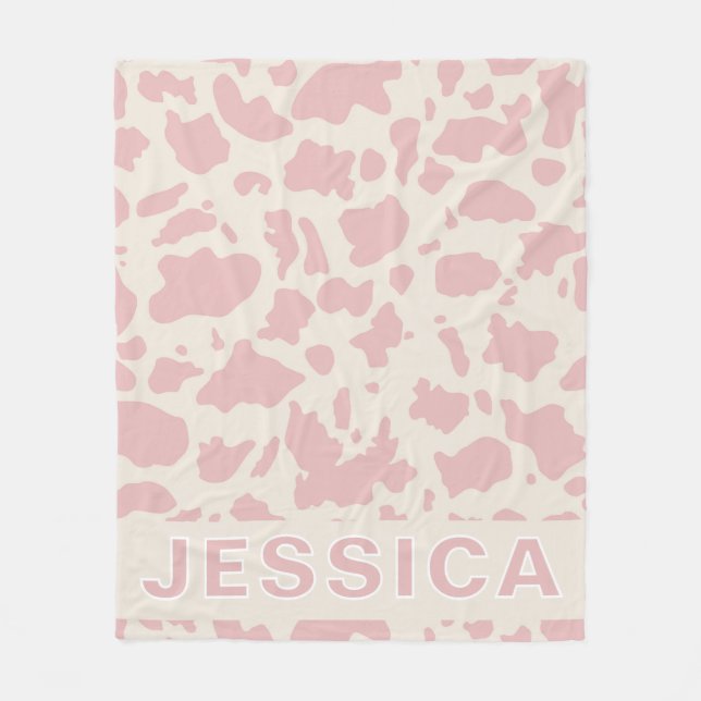 Classic Personalized Pink Cow Print Fleece Blanket (Front)