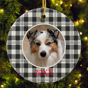 Classic Pet Photo Dark Grey Buffalo Plaid Art Ceramic Ornament