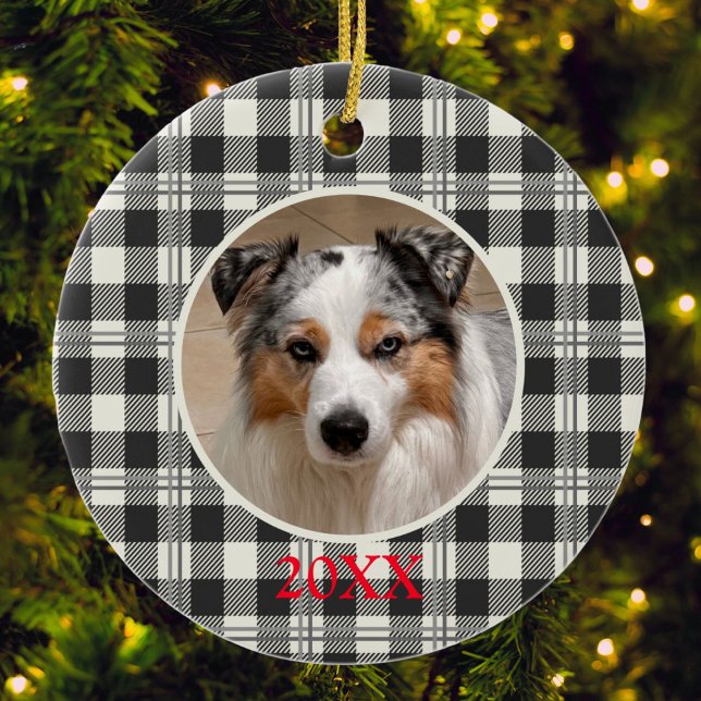Classic Pet Photo Dark Grey Buffalo Plaid Art Ceramic Ornament (Buffalo Plaid Dark Gray and Buttercream Photo Date Ceramic Ornament)