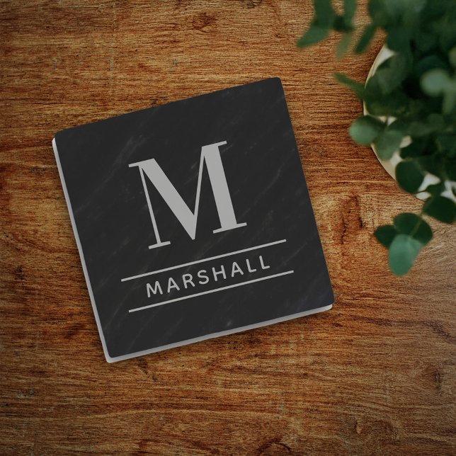 Classic Pewter Grey Serif Monogram Name Stone Coaster (Creator Uploaded)