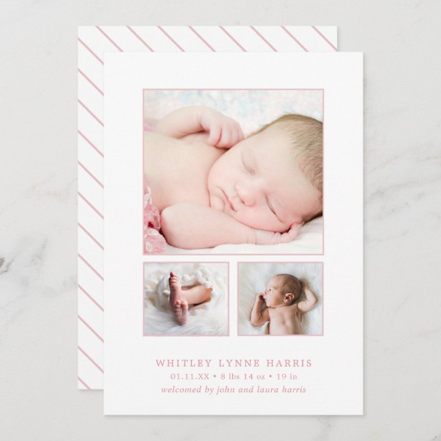 Classic Photo Collage Pink Baby Girl Birth Announcement (Front/Back)