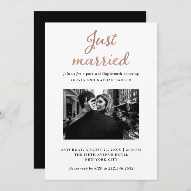 Classic Photo | Faux Rose Gold Just Married Invitation (Front/Back)