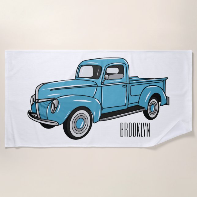 Classic pick up truck cartoon illustration beach towel (Front)