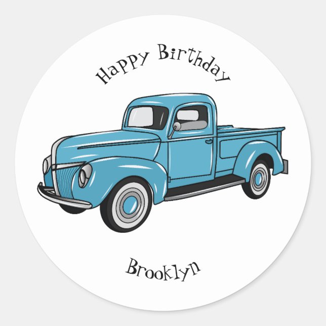 Classic pick up truck cartoon illustration classic round sticker (Front)