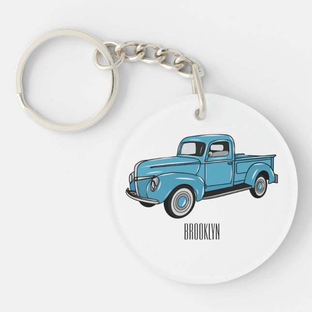 Classic pick up truck cartoon illustration key ring (Front)