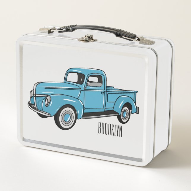 Classic pick up truck cartoon illustration metal lunch box (Front)