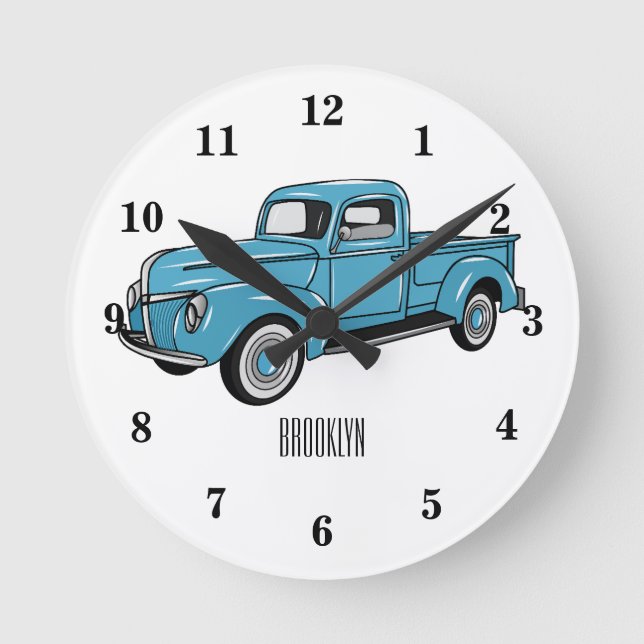 Classic pick up truck cartoon illustration round clock (Front)