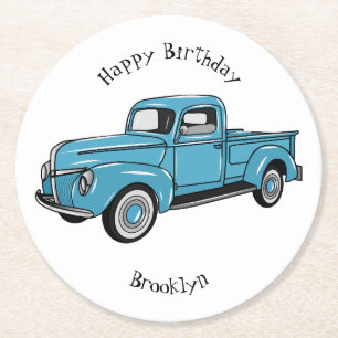 Classic pick up truck cartoon illustration round paper coaster