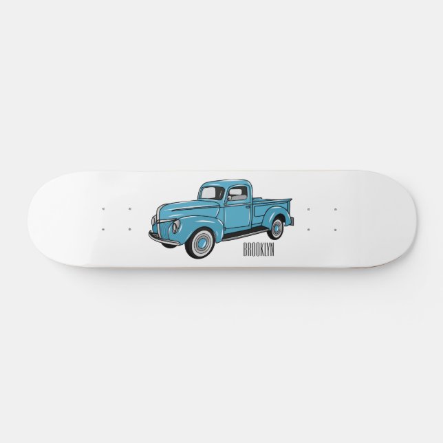 Classic pick up truck cartoon illustration skateboard (Horz)