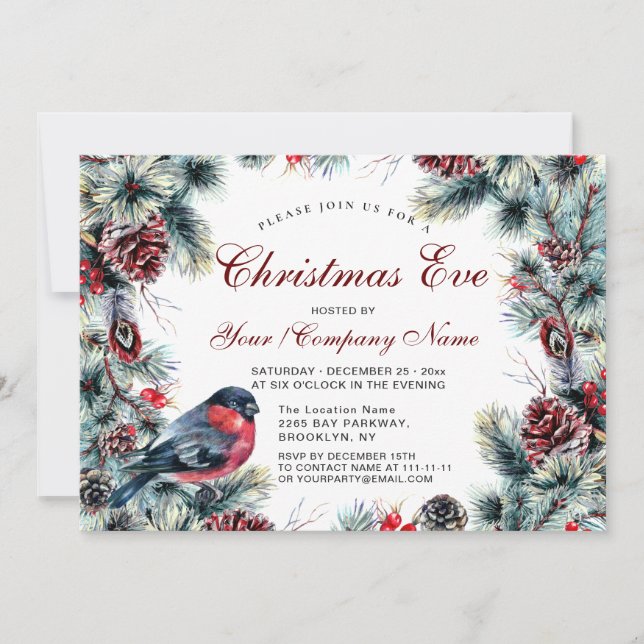 Classic Pine Cone Wreath & Red Bird Christmas Eve Invitation (Front)