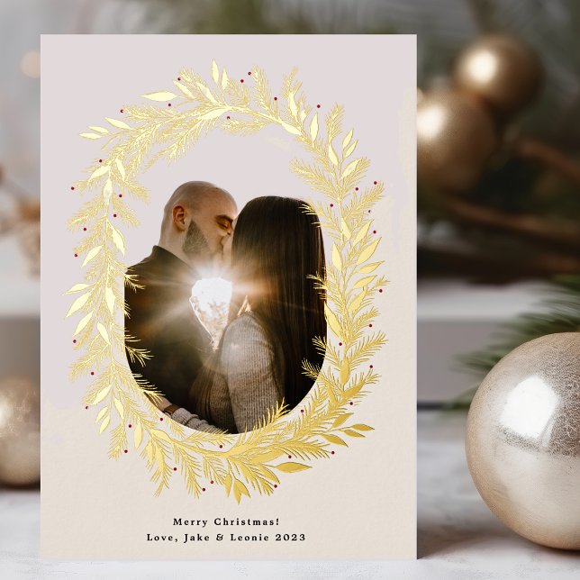 Classic pine frame wreath Christmas photo Gold Foil Holiday Card (Creator Uploaded)