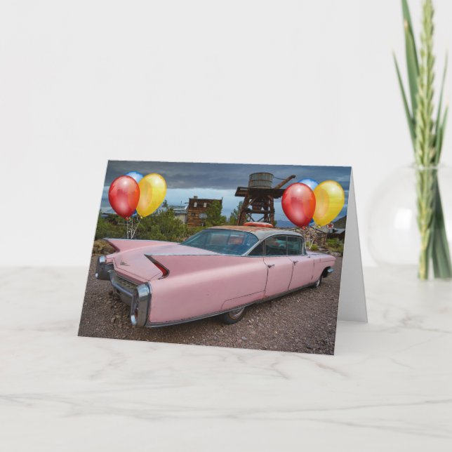 CLASSIC PINK 1950's CAR CADDY BIRTHDAY CARD (Front)