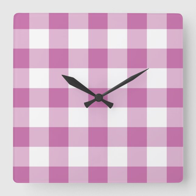 Classic Pink And White Checked Gingham Pattern Square Wall Clock (Front)