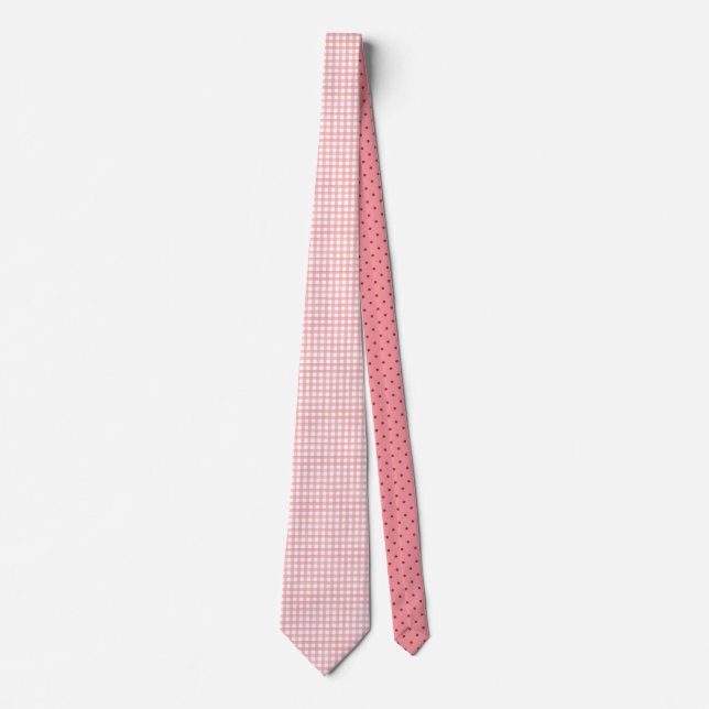 Classic Pink and White Gingham Plaid Patterned Tie (Front)