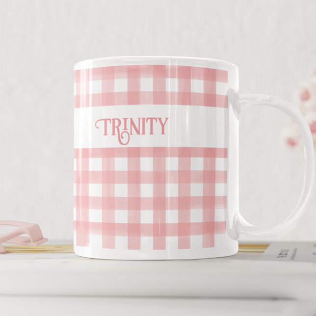 Classic Pink and White Gingham Plaid Personalised Coffee Mug (Creator Uploaded)
