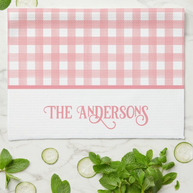Classic Pink and White Gingham Plaid Personalised Tea Towel (Folded)