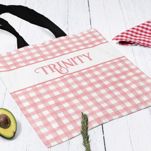 Classic Pink and White Gingham Plaid Personalised Tote Bag