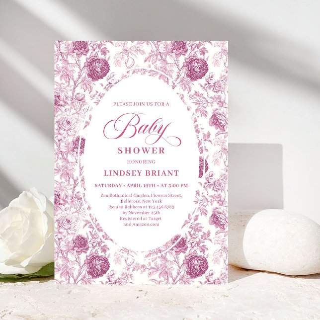 Classic Pink and White Roses Toile Baby Shower  Invitation (Classic Pink and White Roses Toile Baby Shower Invite)