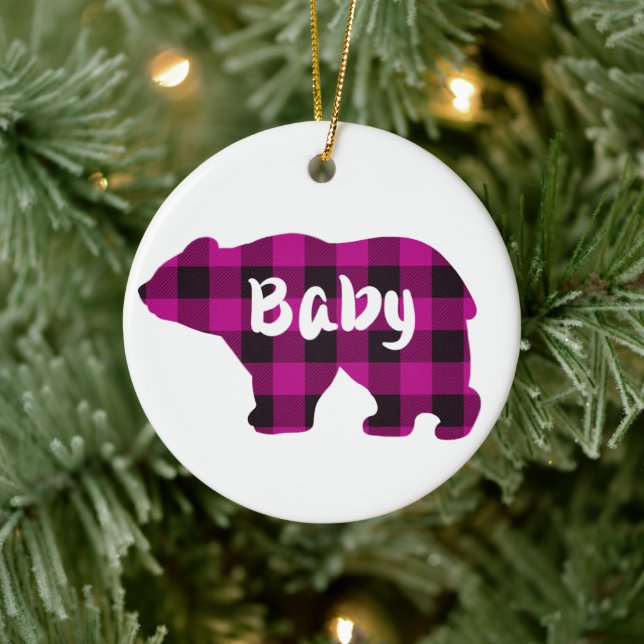 Classic pink black plaid baby bear design ceramic ornament (Tree)