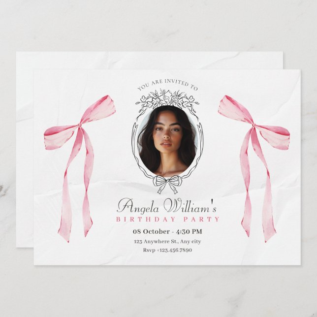 Classic pink bow elegant photo birthday invitation (Front/Back)