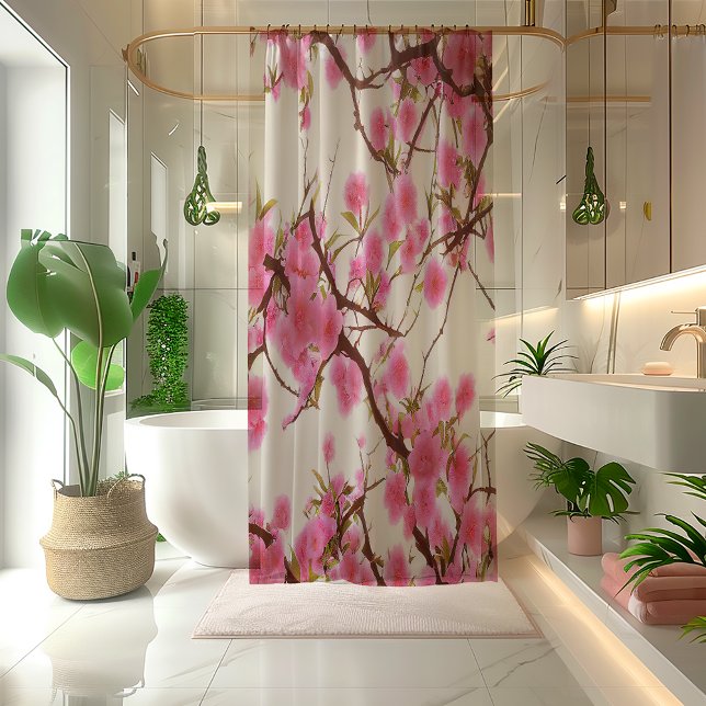 Classic Pink Cherry Blossoms Shower Curtain (Stunning Pink Cherry Blossoms Shower Curtain)