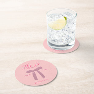 classic pink coquette bachelorette party round paper coaster