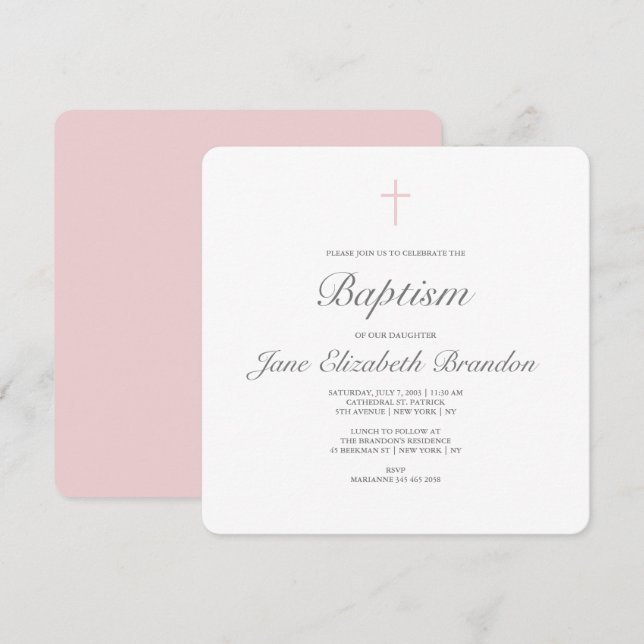 Classic Pink cross baptism invitation (Front/Back)