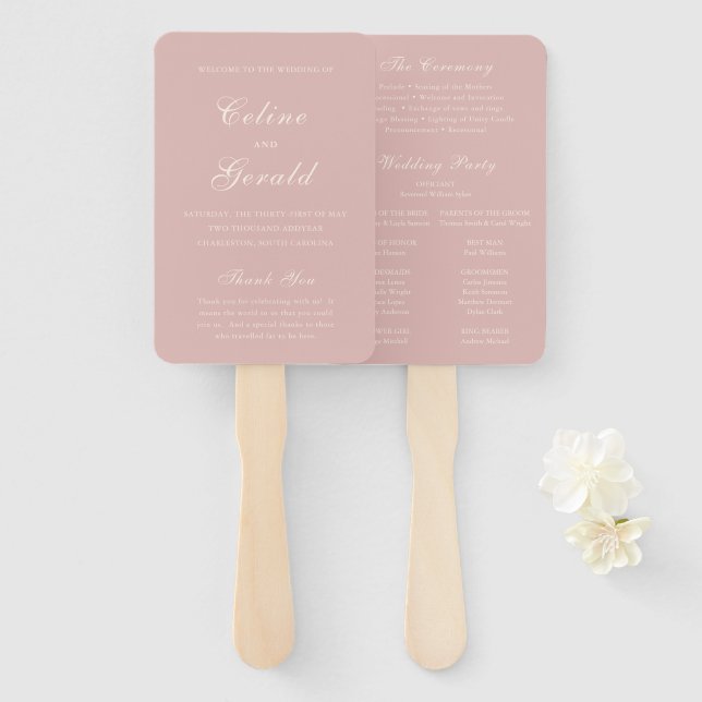 Classic Pink Elegant Wedding Program Hand Fan (Front and Back)