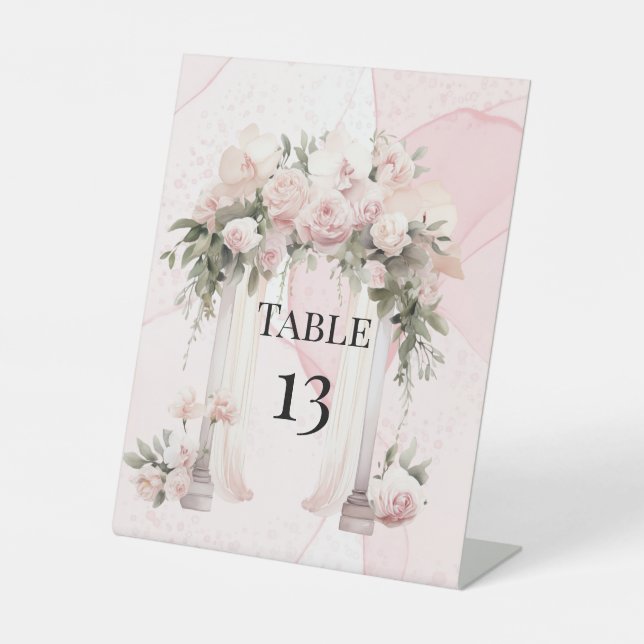 Classic Pink Floral Alcohol Ink Arch Table Number Pedestal Sign (Front)