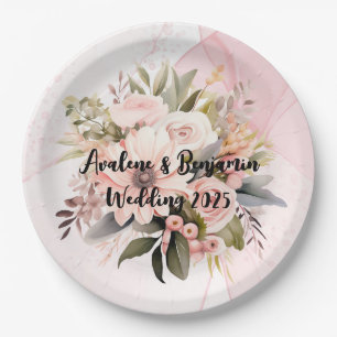 Classic Pink Floral Alcohol Ink Wedding Paper Plate