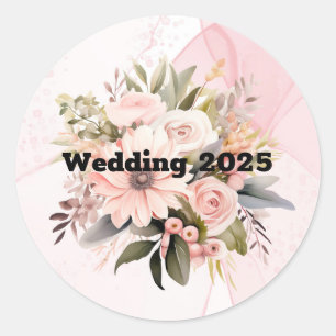 Classic Pink Floral Alcohol Ink Wedding Round Sticker
