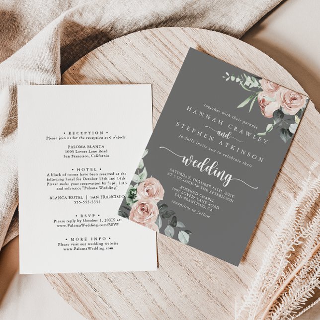 Classic Pink Floral Grey Front & Back Wedding  Invitation (Creator Uploaded)